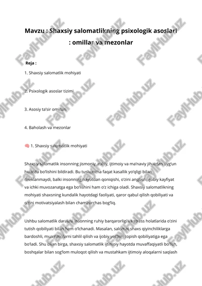 shaxsiy salomatlikning psixologik asoslari: omillar va mezonlar — DOCX