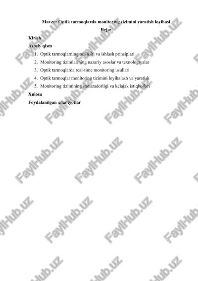 optik tarmoqlarda monitoring tizimini yaratish loyihasi — DOCX
