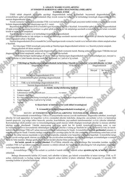 amaliy mashg‘ulotlarning avtoservis korxonalarida diagnostika ishlarini tashkil etish — DOCX