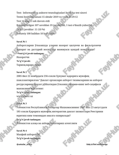 informatik va axborot texnologiyalari bo'yicha test sinovi — DOCX