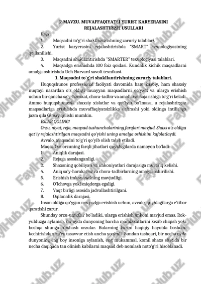 muvaffaqiyatli yurist karyerasini rejalashtirish usullari — DOCX