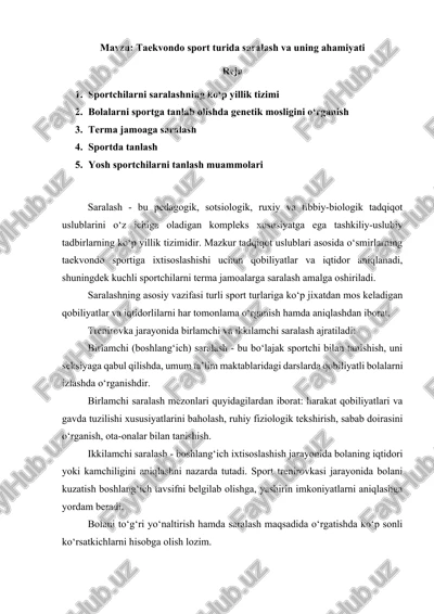 taekvondo sport turida saralash va uning ahamiyati — DOCX