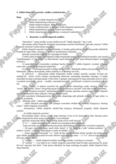 ishlab chiqarishning samaradorligi va uning ko‘rsatkichlari — DOCX