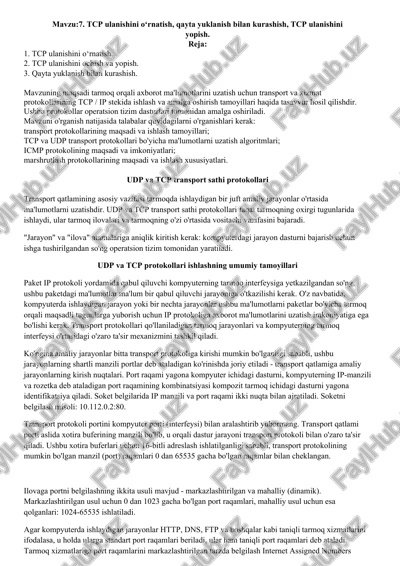 udp va tcp transport sathi protokollari — DOCX