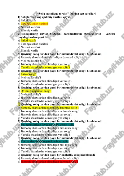 “soliq va soliqqa tortish” fanidan test savollari — DOCX