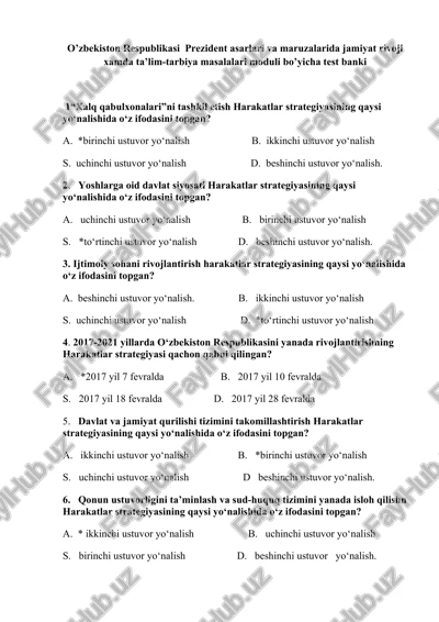 o’zbekiston respublikasi prezident asarlari va maruzalarida jamiyat rivoji xamda ta’lim-tarbiya masalalari moduli bo’yicha test banki — DOCX