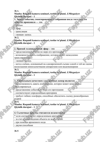raqamli kamera seminari, testlar to’plami — DOCX