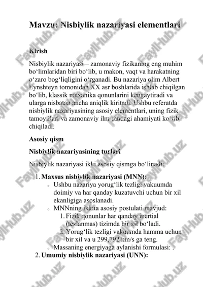 nisbiylik nazariyasi elementlari — DOCX
