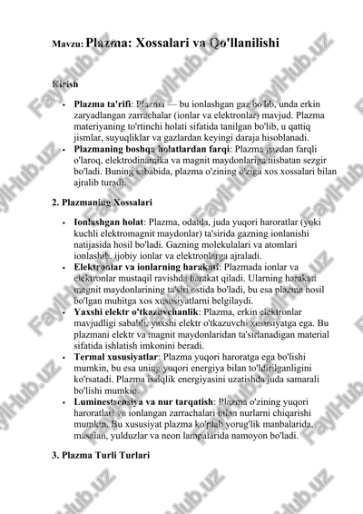 plazma: xossalari va qo'llanilishi — DOCX
