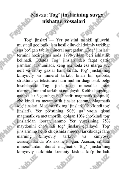tog’ jinslarining suvga nisbatan xossalari — DOCX