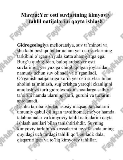 yer osti suvlarining kimyoviy tahlil natijalari — DOCX