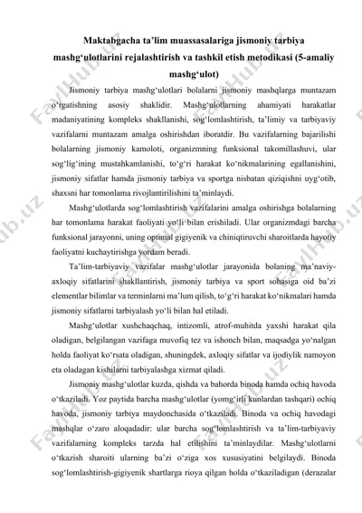 maktabgacha ta’lim muassasalariga jismoniy tarbiya mashg‘ulotlarini rejalashtirish va tashkil etish metodikasi (5-amaliy mashg‘ulot) — DOCX