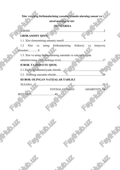 xlor va uning birikmalarining xossalari hamda ularning sanoat va atrof-muhitga ta’siri — DOCX