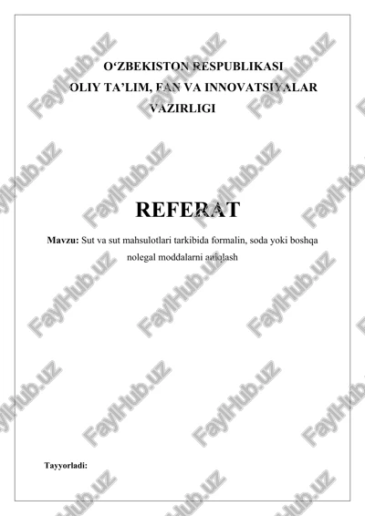 sut va sut mahsulotlari tarkibida formalin, soda yoki boshqa nolegal moddalarni aniqlash — DOCX