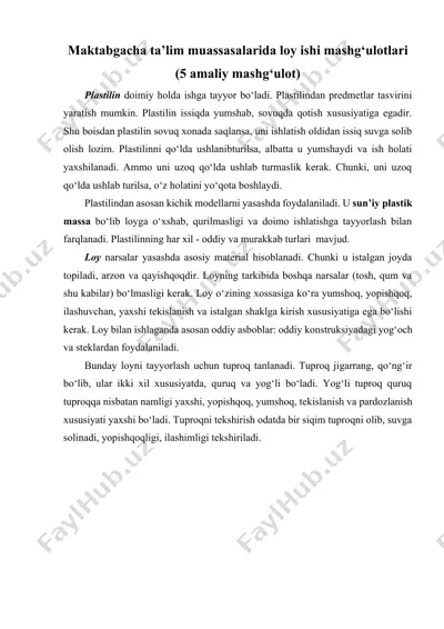 maktabgacha ta’lim muassasalarida loy ishi mashg‘ulotlari (5 amaliy mashg‘ulot) — DOCX
