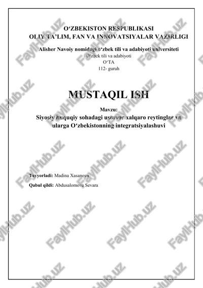 siyosiy huquqiy sohadagi ustuvor xalqaro reytinglar va ularga oʻzbekistonning integratsiyalashuvi — DOCX