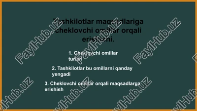 tashkilotlar maqsadlariga cheklovchi omillar orqali erishishi — PPTX