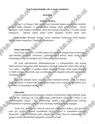 yogʻlarning biologik roli va asosiy manbalari — DOCX