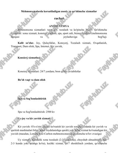 mehmonxonalarda korsatiladigan asosiy va qo'shimcha xizmatlar — DOCX