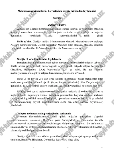 mehmonxona xizmatlarini koʻrsatishda horijiy tajribadan foydalanish — DOCX