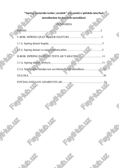 ispring dasturida testlar yaratish mavzusini o`qitishda interfaol metodlardan foydalanish metodikasi — DOCX