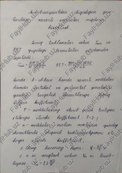 avtotransportdan chiqadigan gazlardagi zararli moddalar miqdorini hisoblash — PDF