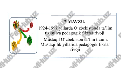 1924-1991 yillarda o‘zbekistonda ta’lim tizimi va pedagogik fikrlar rivoji. mustaqil o‘zbekiston ta’lim tizimi. mustaqillik yillarida pedagogik fikrlar rivoji — PPTX