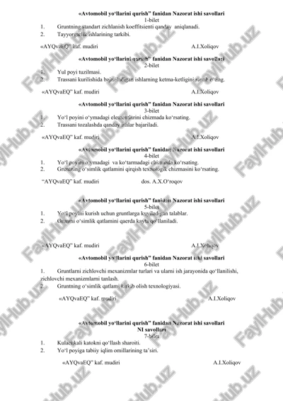 avtomobil yo‘llarini qurish” fanidan nazorat ishi savollari — DOCX