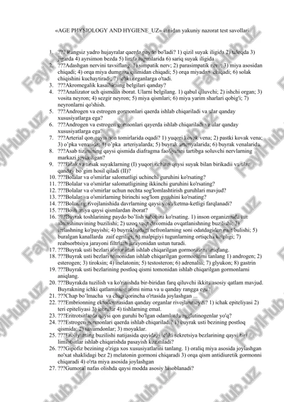 age physiology and hygiene_uz fanidan yakuniy nazorat test savollari — DOCX