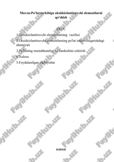 po'lat tarkibiga oksidsizlantiruvchi elementlarni qo'shish — DOCX