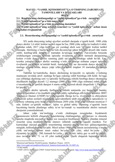 “yashil iqtisodiyot”ga o‘tishning zaruriyati, tamoyillari va dastaklari — DOCX