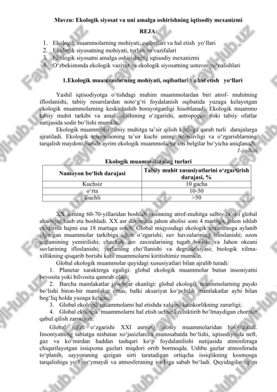 ekologik siyosat va uni amalga oshirishning iqtisodiy mexanizmi — DOCX
