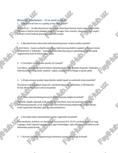 birlamchi tuberkulyoz – 15 ta savol va javob — DOCX