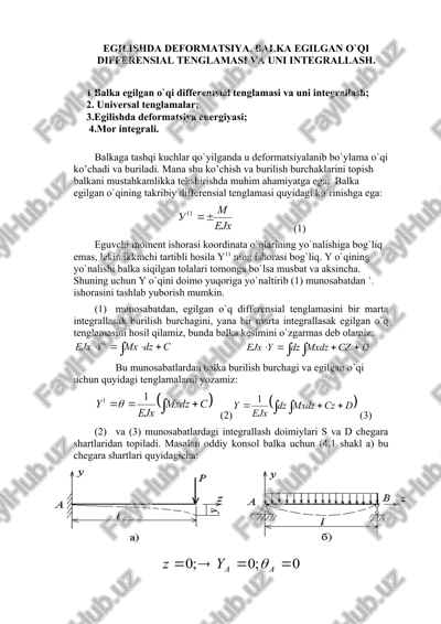 balka egilgan o`qi differensial tenglamasi va uni integrallash — DOCX