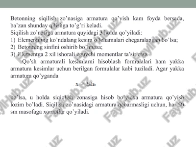 armatura qo'yishning siqilish zonasiga ta'siri — PPTX