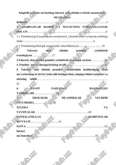 istiqbolli pomidor navlarining takroriy ekin sifatida o’stirish xususiyatlari — DOCX