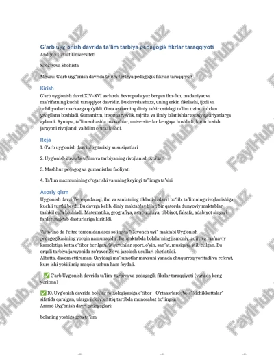 gʻarb uygʻonish davrida taʼlim tarbiya pedagogik fikrlar taraqqiyoti — DOCX
