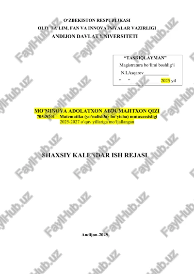 magistratura talabasining o‘quv-metodik, ilmiy–tadqiqot, pedagogik amaliyot bo‘yicha kalendar ish rejasi — DOCX