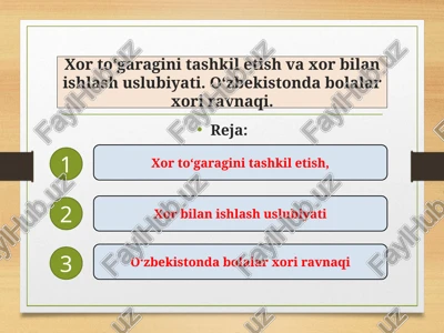 xor to‘garagini tashkil etish va xor bilan ishlash uslubiyati. o‘zbekistonda bolalar xori ravnaqi. — PPTX
