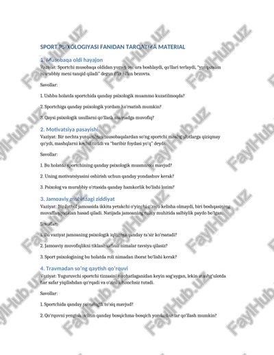 sport psixologiyasi fanidan tarqatma material — DOCX