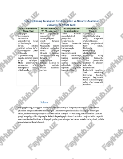 pedagogikaning taraqqiyot tendensiyalari va nazariy muammoli vaziyatlarda swot tahlil — DOCX