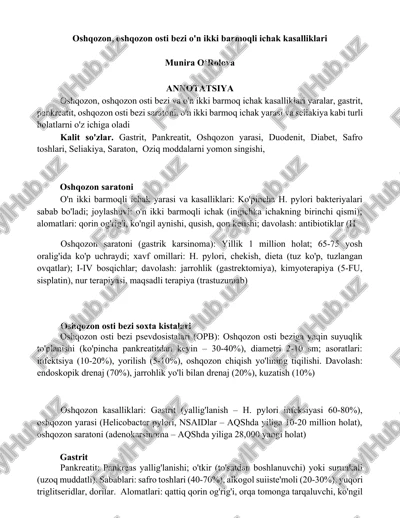 oshqozon, oshqozon osti bezi o'n ikki barmoqli ichak kasalliklari — DOCX