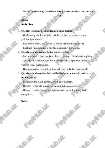 qushlarning zararidan himoyalanish usullari va vositalari — DOCX