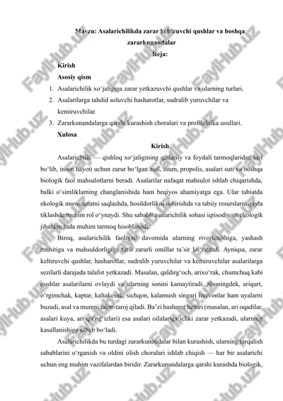 asalarichilikda zarar keltiruvchi qushlar va boshqa zararkunandalar — DOCX