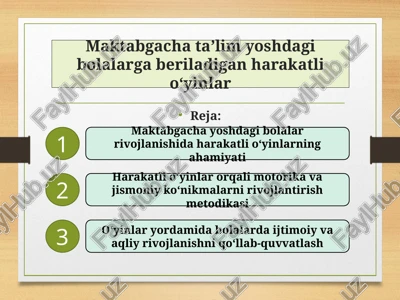 maktabgacha ta’lim yoshdagi bolalarga beriladigan harakatli o‘yinlar — PPTX