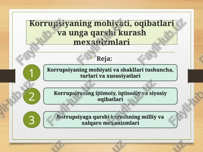 korrupsiyaning mohiyati, oqibatlari va unga qarshi kurash mexanizmlari — PPTX
