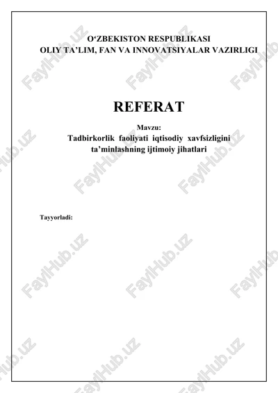 tadbirkorlik faoliyati iqtisodiy xavfsizligini ta’minlashning ijtimoiy jihatlari — DOCX