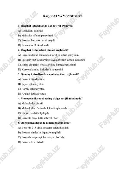 raqobat va monopoliya test — DOCX