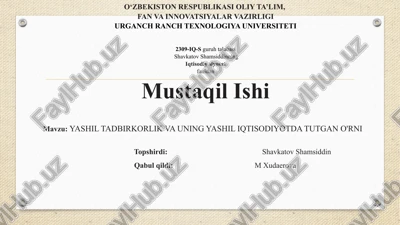 yashil tadbirkorlik va uning yashil iqtisodiyotda tutgan o'rni — PPTX