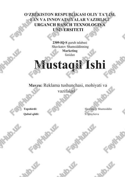reklama tushunchasi, mohiyati va vazifalari — DOCX